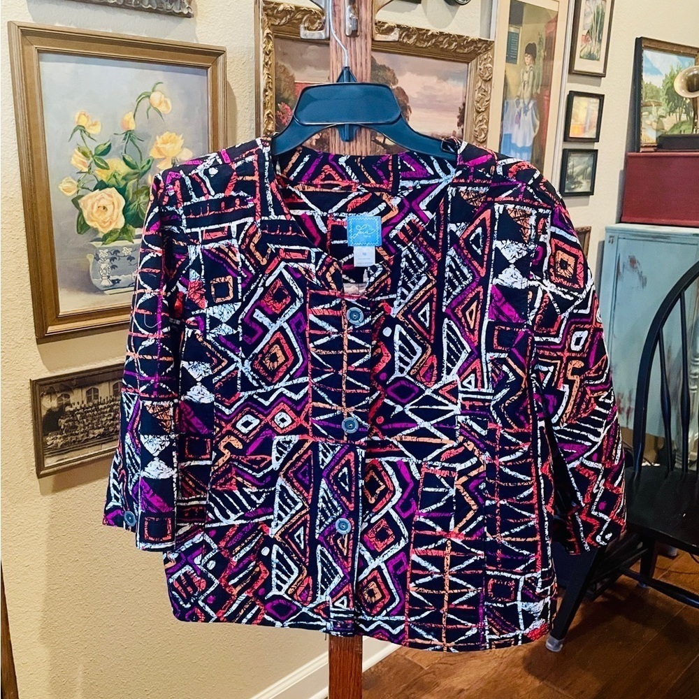Lark Lane 3/4 sleeve abstract tribal swing style button jacket 16 pink orange - Picture 2 of 10